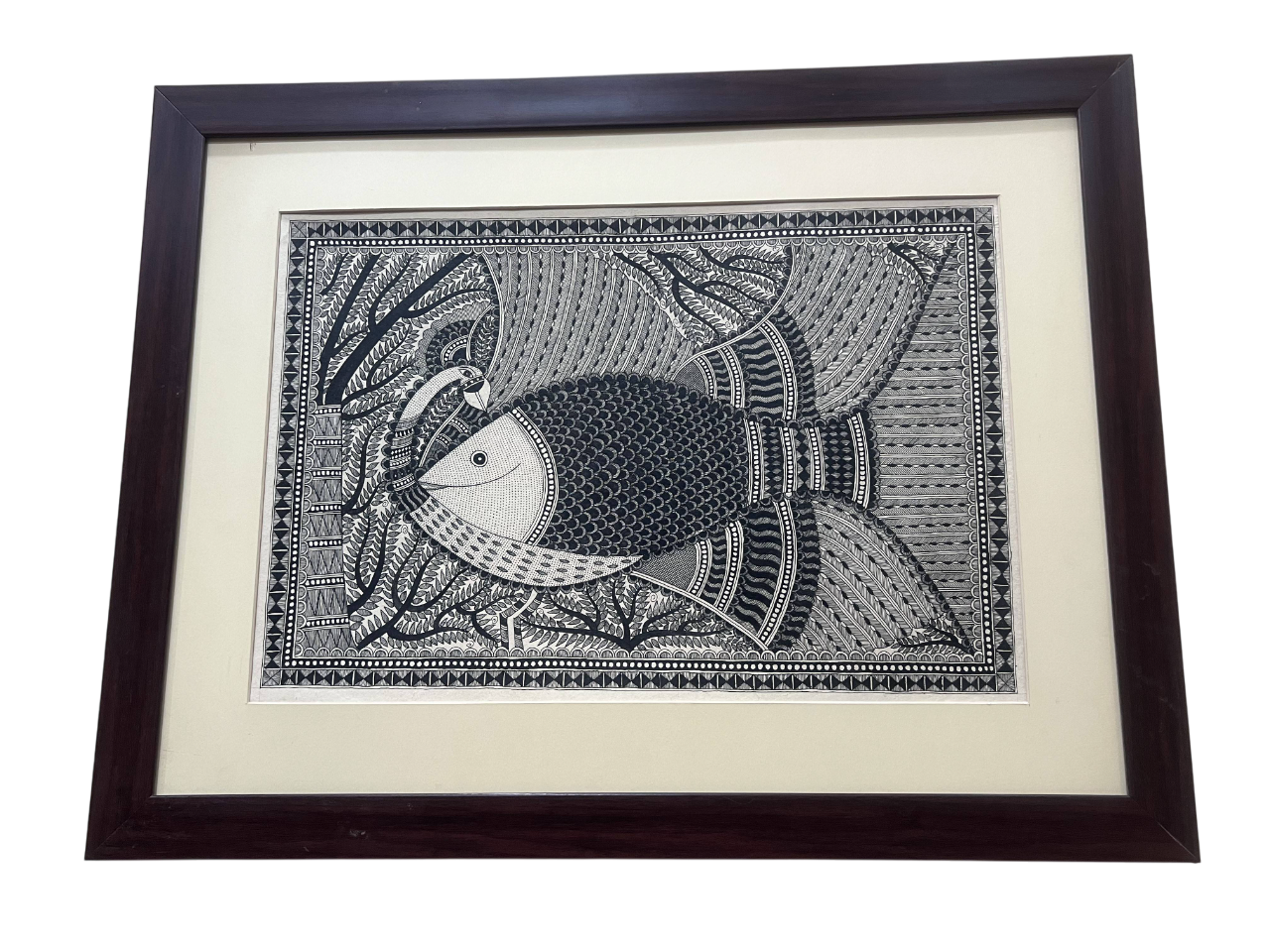 Hand painted Madhubani Painting on Handmade Paper - Fish and Peacock Motif